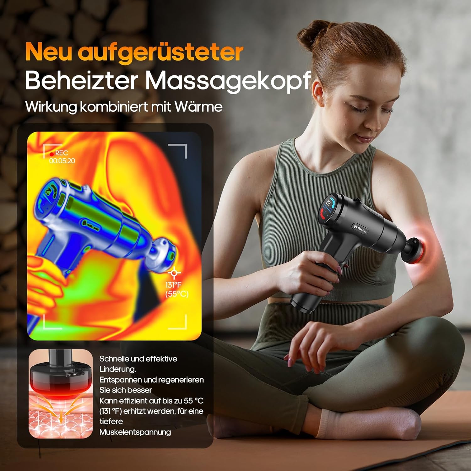 AERLANG Massagepistole mit Wärme, 20 Stufen, LED-Display, 7 Aufsätze