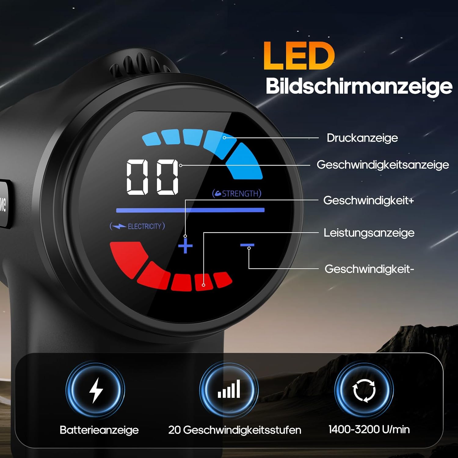 AERLANG Massagepistole mit Wärme, 20 Stufen, LED-Display, 7 Aufsätze
