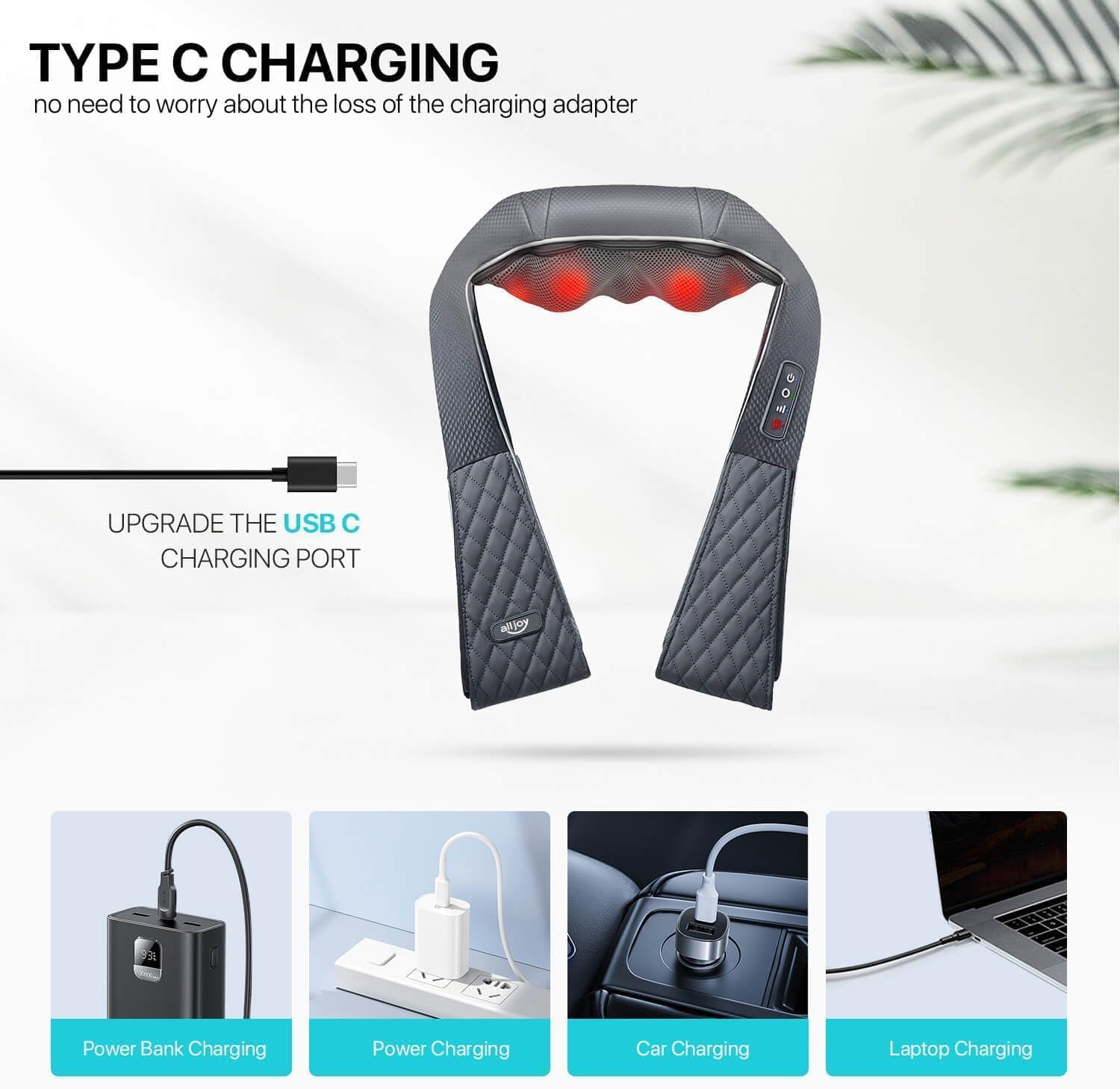 ALLJOY Shiatsu-Massagekissen Nacken Rücken Wärme, Akku, 3D-Knetung, Tiefenmassage