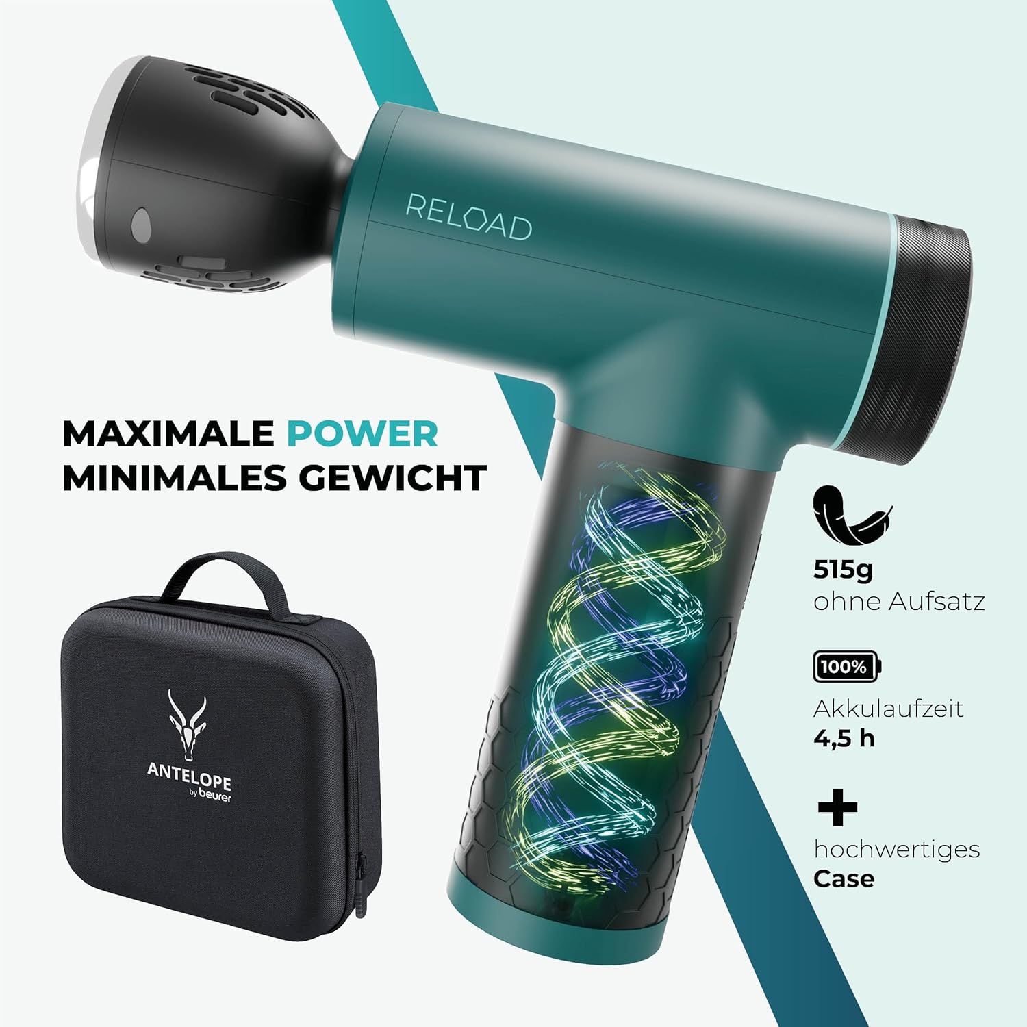 Beurer Reload Massagepistole mit Wärme-Kälte-Funktion, 5 Aufsätzen, 3000 U/min