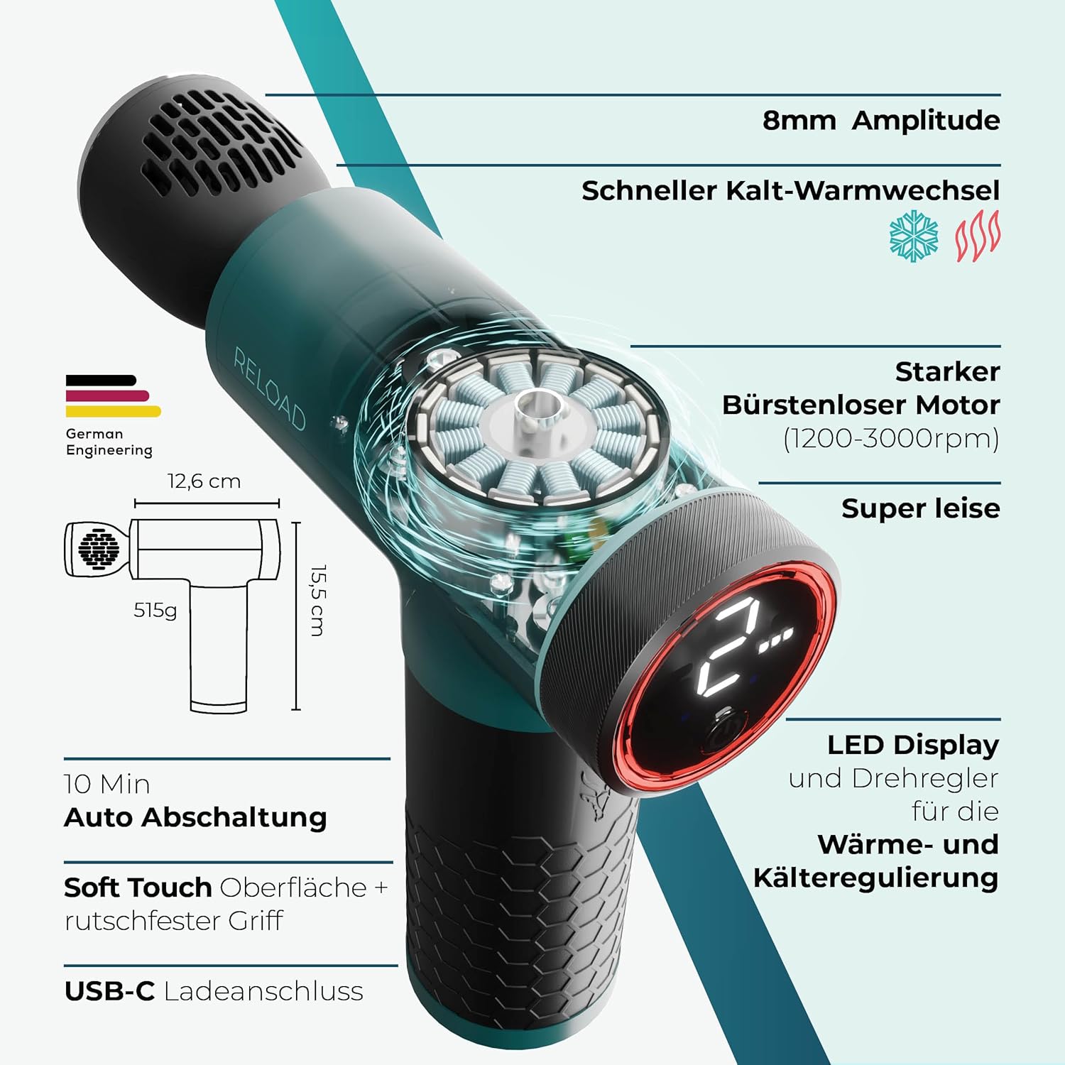 Beurer Reload Massagepistole mit Wärme-Kälte-Funktion, 5 Aufsätzen, 3000 U/min