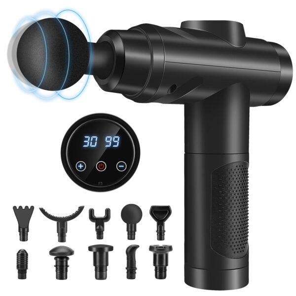 [Brand] Massagepistole mit 30 Geschwindigkeiten, 10 Aufsätzen, leise, LCD-Touchscreen