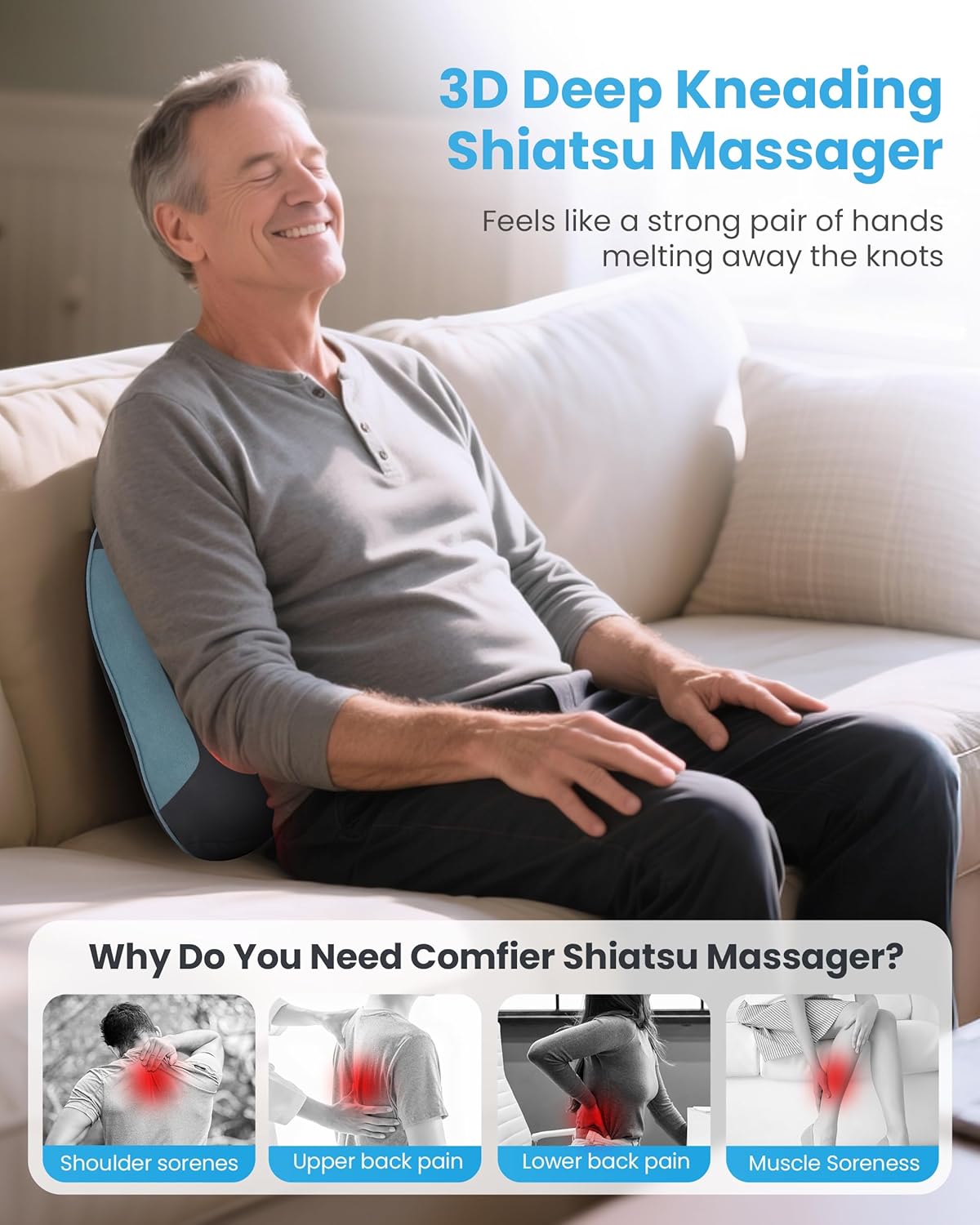 COMFIER Shiatsu Rückenmassagekissen mit Wärmefunktion für Nacken und Schultern