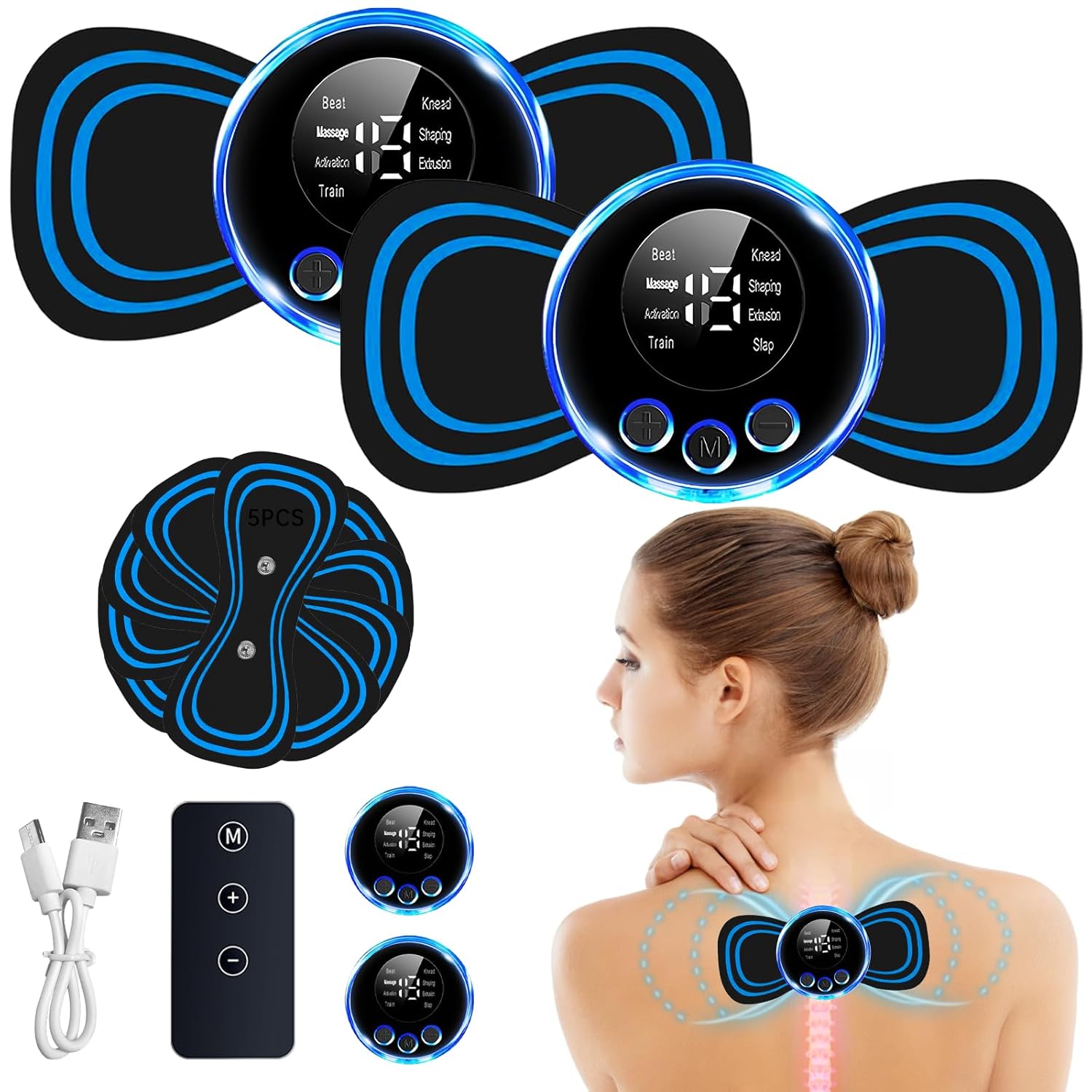 Ems Massager, Electrapy Massager Neuropathy, Mini Massager, Neck Massager, USB Mini Cervical Massager, 8 Modes, 19 Levels, 5 Massage Pads for Relief of Muscle Pain