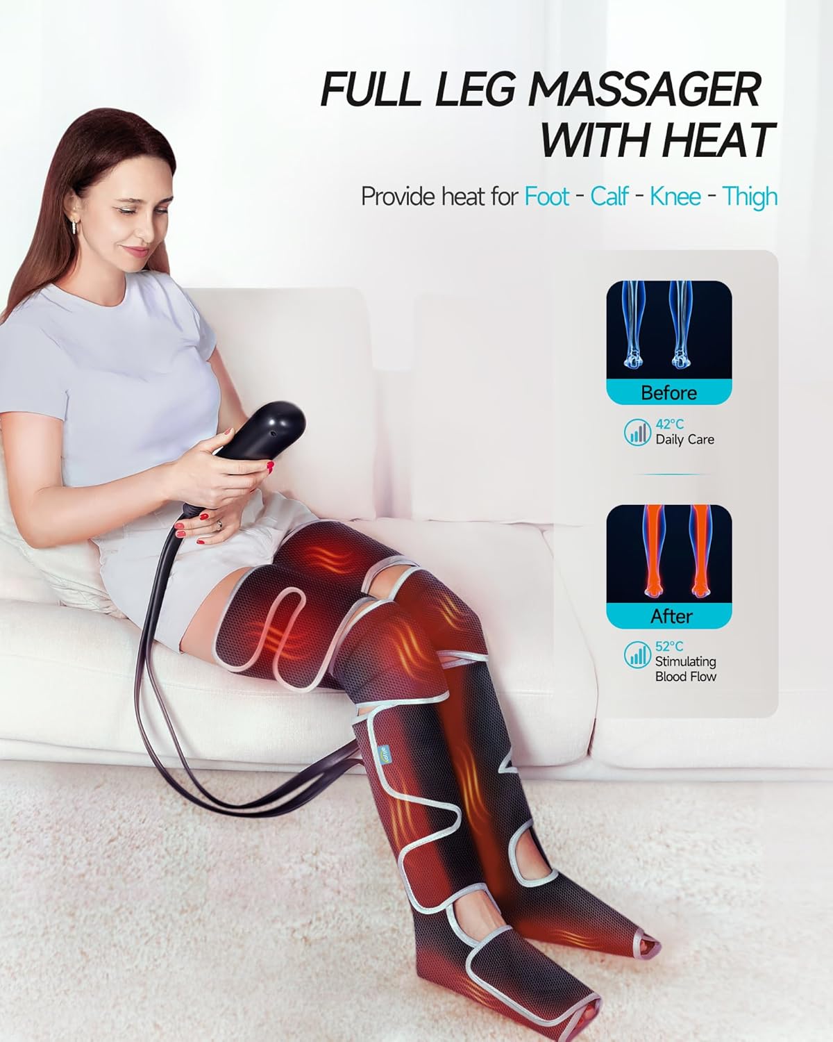 Leg Massager für Durchblutung und Schmerzlinderung, Wärme- und Kompressionsmassage für Lymphdrainage, 2 Heizstufen, 4 Intensitätsstufen, 5 Modi, Geschenk für Männer und Frauen