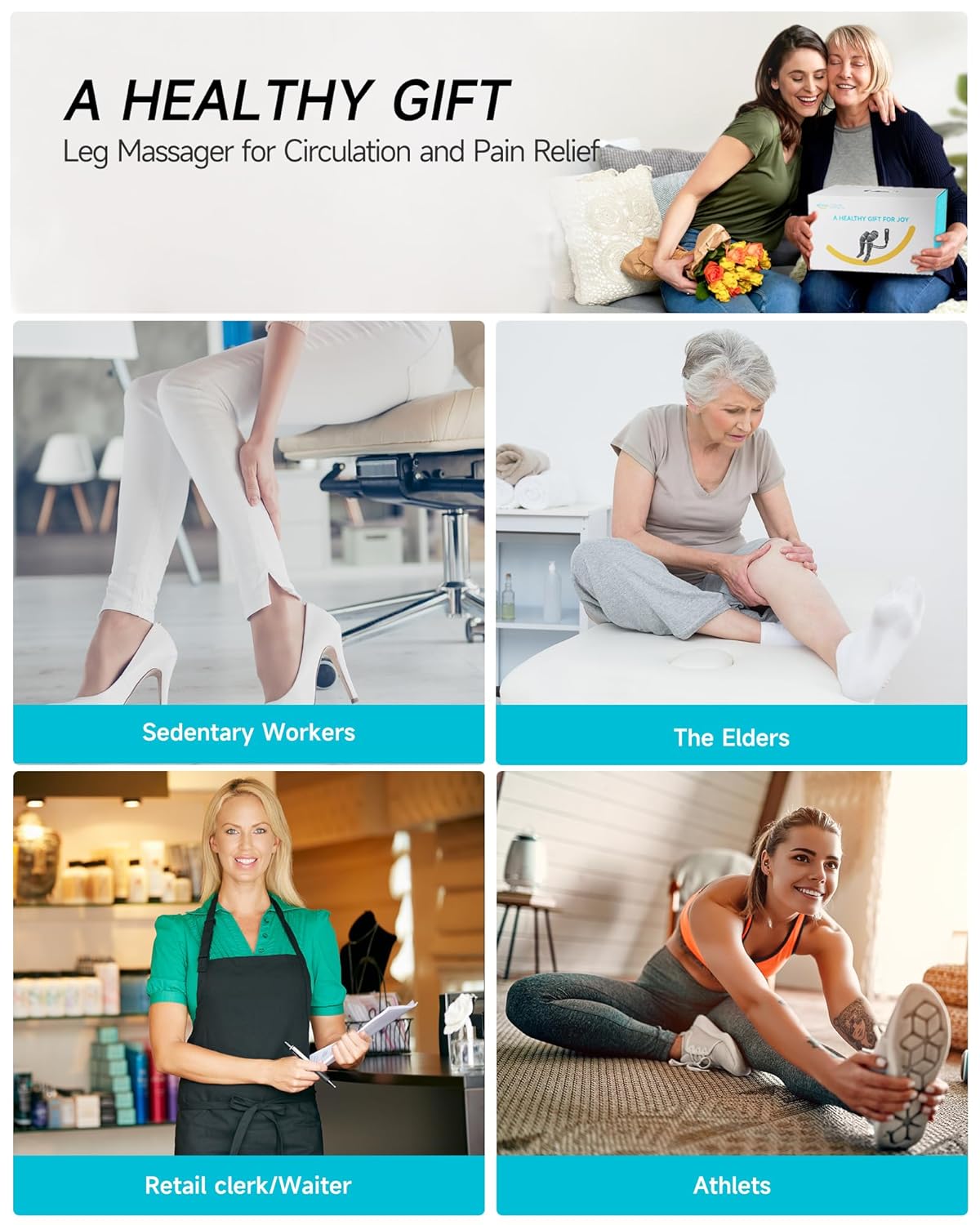 Leg Massager für Durchblutung und Schmerzlinderung, Wärme- und Kompressionsmassage für Lymphdrainage, 2 Heizstufen, 4 Intensitätsstufen, 5 Modi, Geschenk für Männer und Frauen