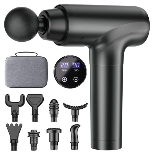 Massage Gun Pro 20 Geschwindigkeiten, LED-Display, 9 Aufsätze, leise