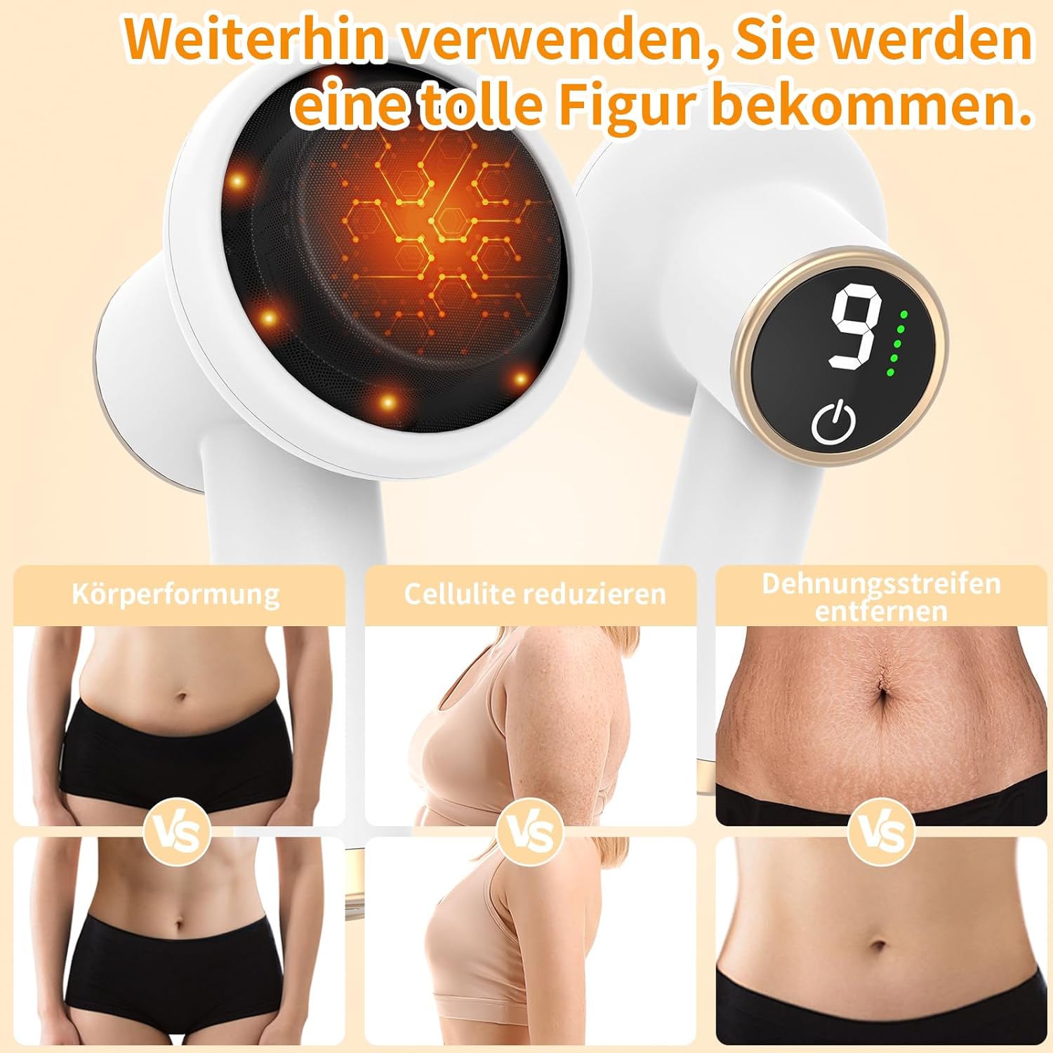 Wireless Anti-Cellulite Massager mit 9 Vibrationen, 8 Aufsätzen - Hautstraffung und Durchblutung - Weiß