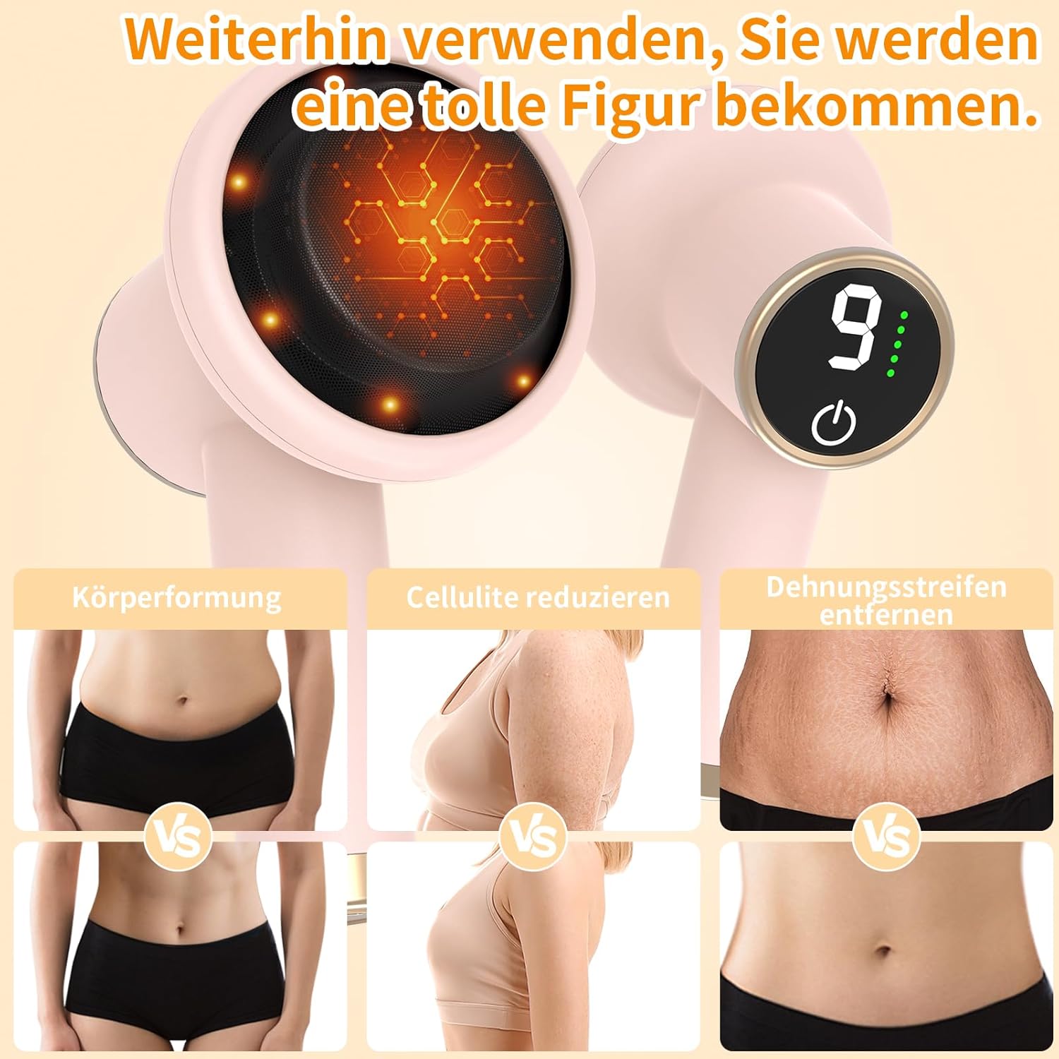 Wireless Anti-Cellulite-Massager mit 9 Vibrationsstufen & 8 Aufsätzen – Hautstraffung, Cellulite-Reduktion, verbesserte Durchblutung, wiederaufladbar, pink